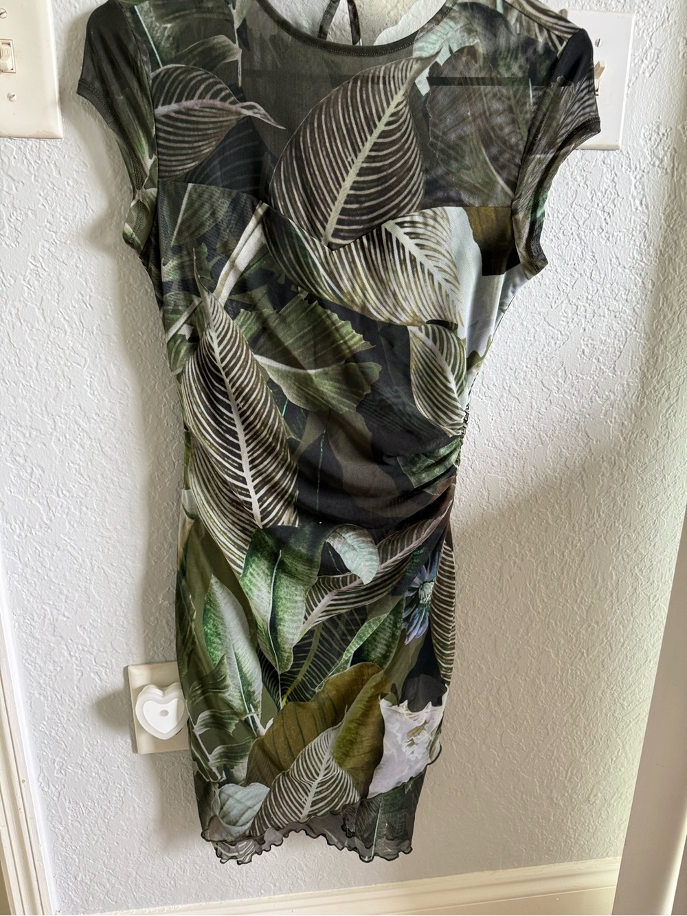 Guess Olive & Black Tropical Leaf Midi Dress
